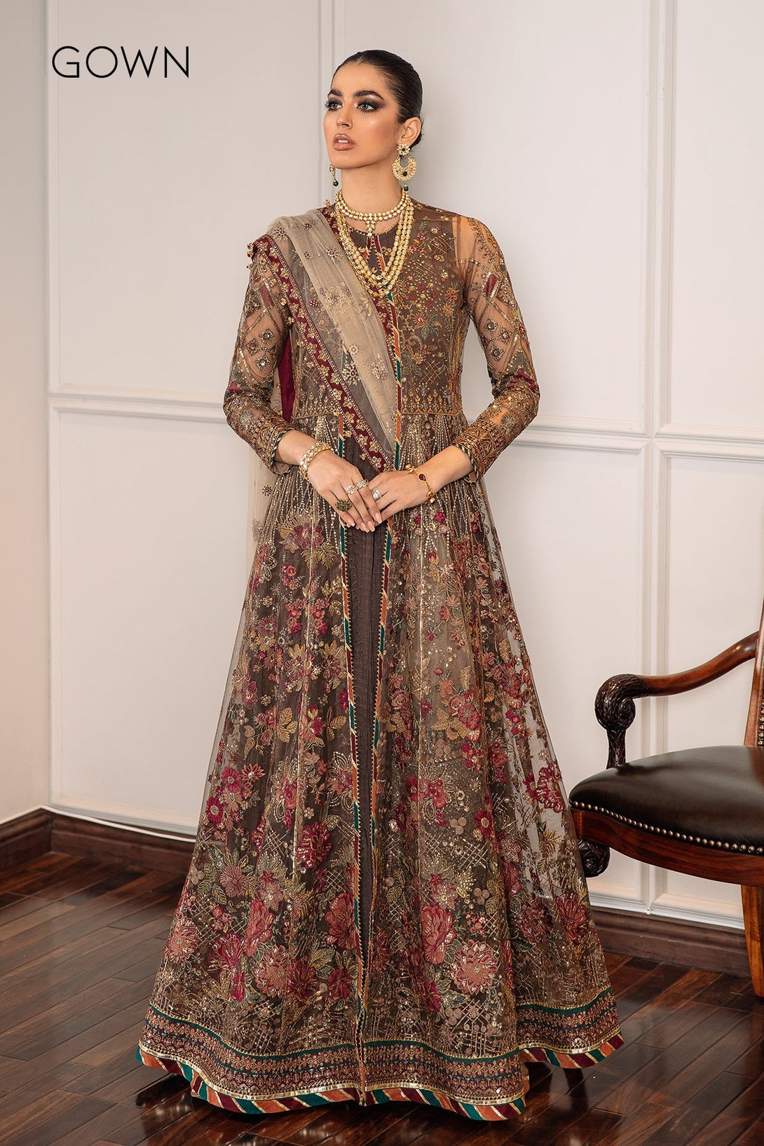 Embroidered Net CH09-02 Gown with Raw Silk Inner Shirt and Dupatta
