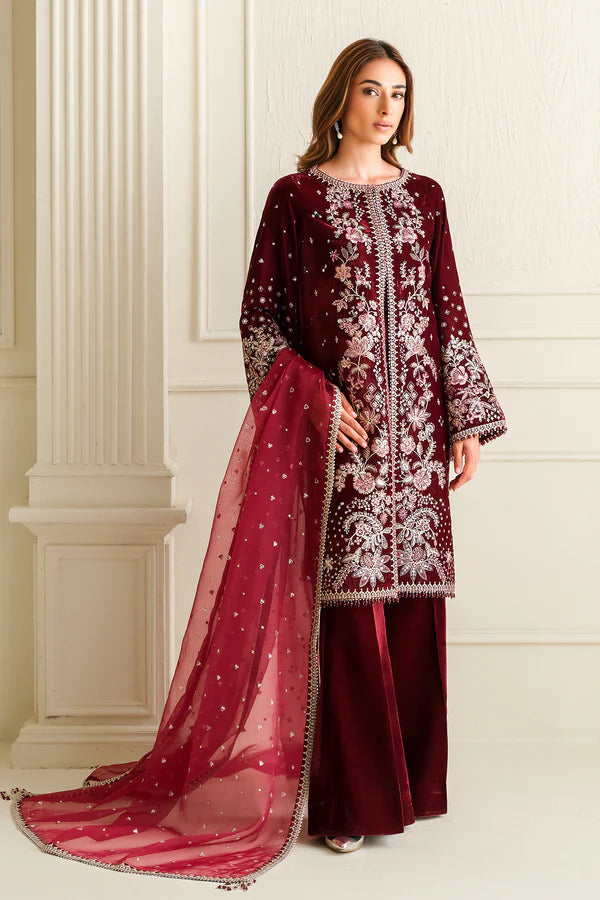 Baroque Embroidered Velvet Dress UF-743 with Digital-Printed Organza Dupatta