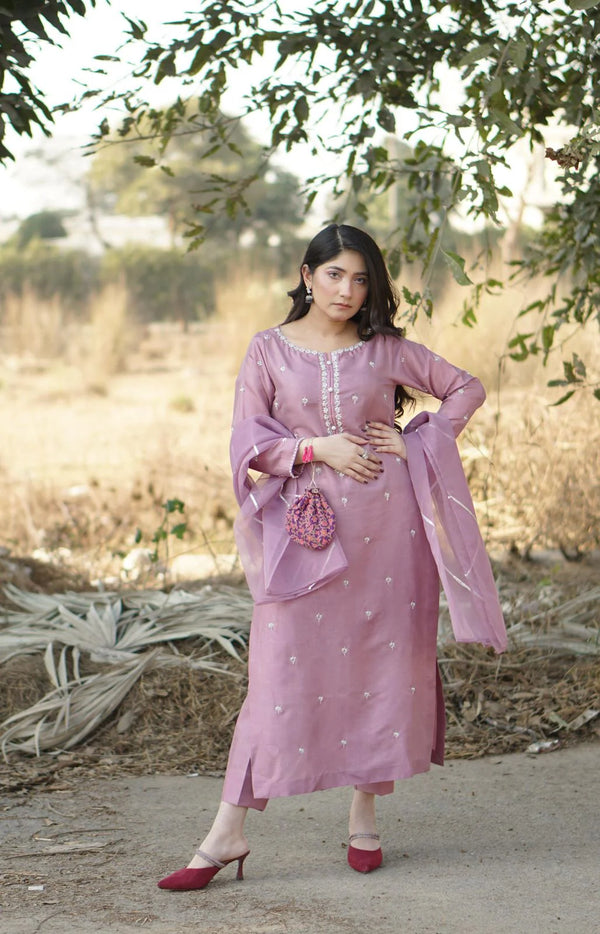 Zaib Dress with Hand made work & Trouser, organza Duppata