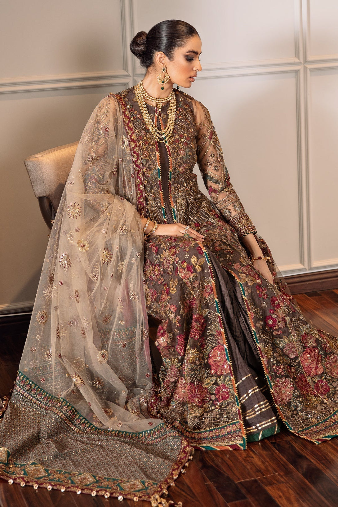 Embroidered Net CH09-02 Gown with Raw Silk Inner Shirt and Dupatta