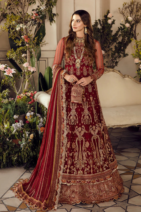 Currant Red embroidered Pishwas with gold zardosi detailing, chiffon dupatta, and raw silk trouser – perfect for festive and wedding wear.