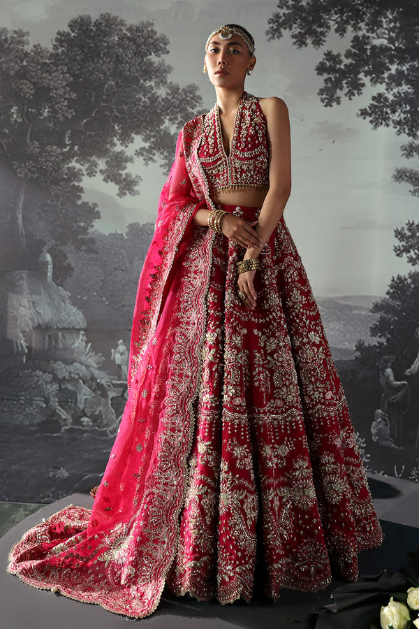 Claude – Deep pink organza lehenga choli with pearls, moti, tilla, sequins, cut dana embroidery & floral-bordered dupatta.