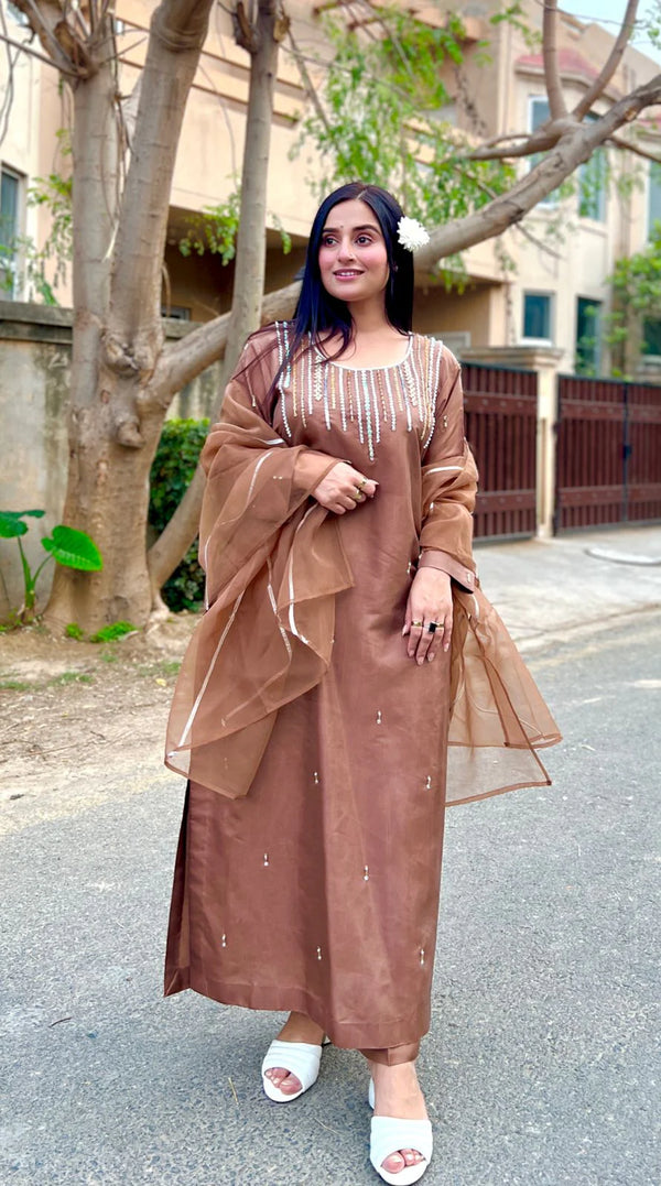 Anaya Dress neck with hande made work,Organza Duppta & Trouser