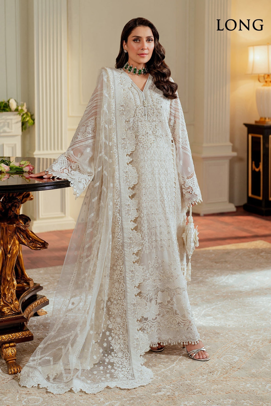 Embroidered Chiffon CH13-02 - White chiffon dress with hand embroidery, beaded neckline, embroidered silk borders, and a net dupatta.