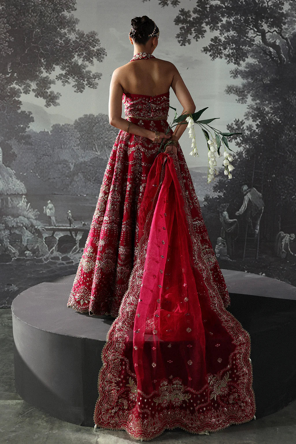 Claude – Deep pink organza lehenga choli with pearls, moti, tilla, sequins, cut dana embroidery & floral-bordered dupatta.