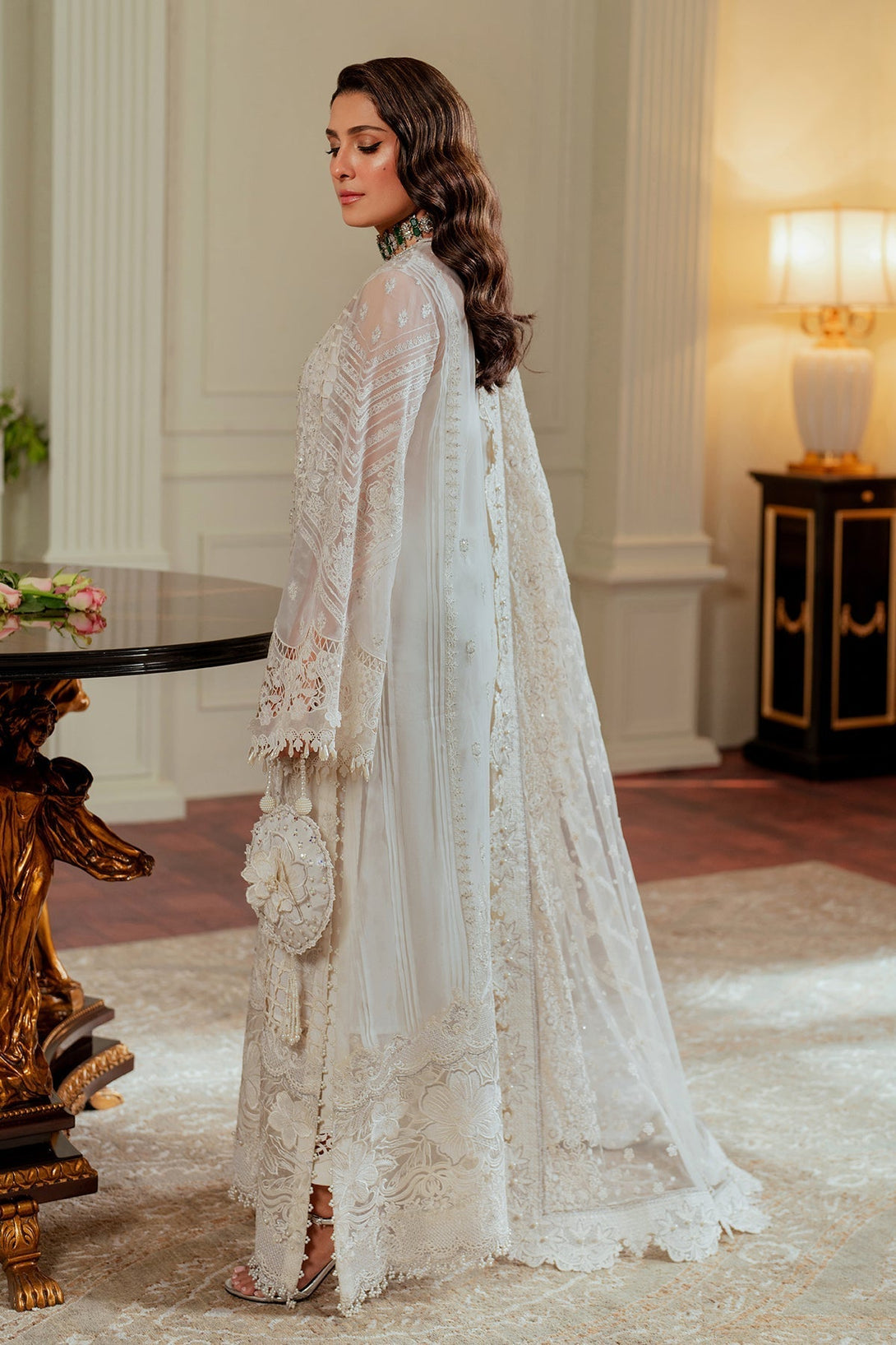 Embroidered Chiffon CH13-02 - White chiffon dress with hand embroidery, beaded neckline, embroidered silk borders, and a net dupatta.