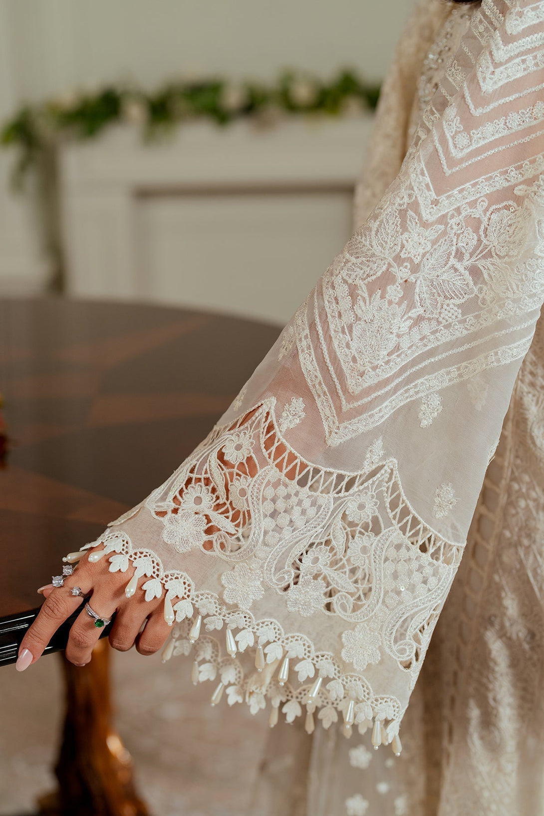 Embroidered Chiffon CH13-02 - White chiffon dress with hand embroidery, beaded neckline, embroidered silk borders, and a net dupatta.