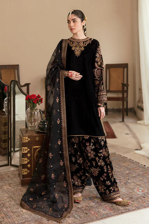 Baroque Embroidered Velvet Dress UF-253 with Gilded Embroidery