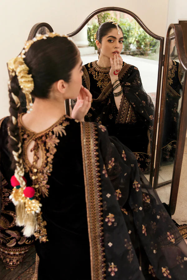 Baroque Embroidered Velvet Dress UF-253 with Gilded Embroidery