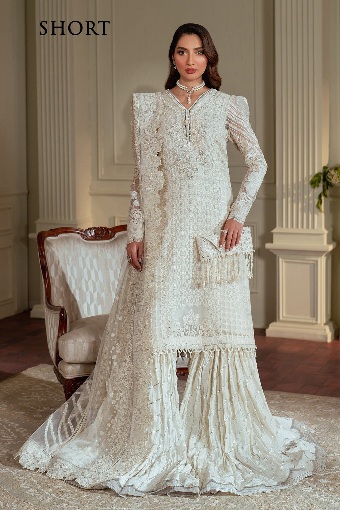 Embroidered Chiffon CH13-02 - White chiffon dress with hand embroidery, beaded neckline, embroidered silk borders, and a net dupatta.