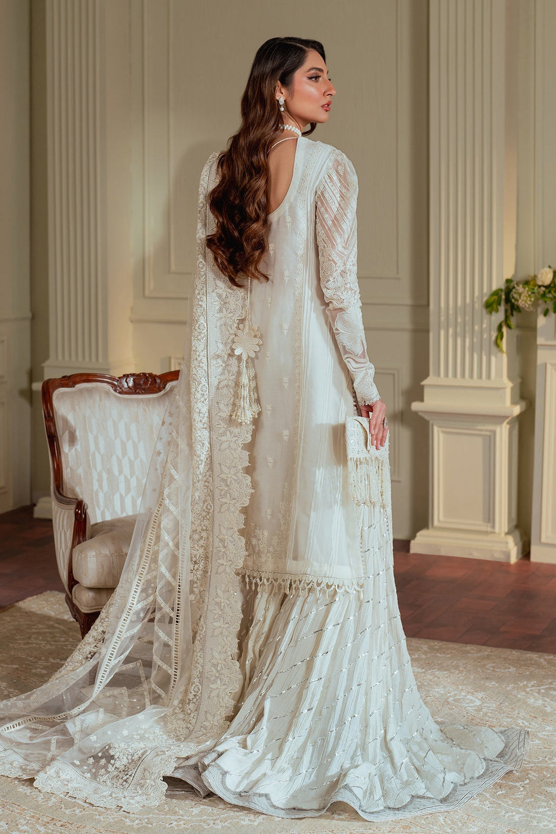 Embroidered Chiffon CH13-02 - White chiffon dress with hand embroidery, beaded neckline, embroidered silk borders, and a net dupatta.