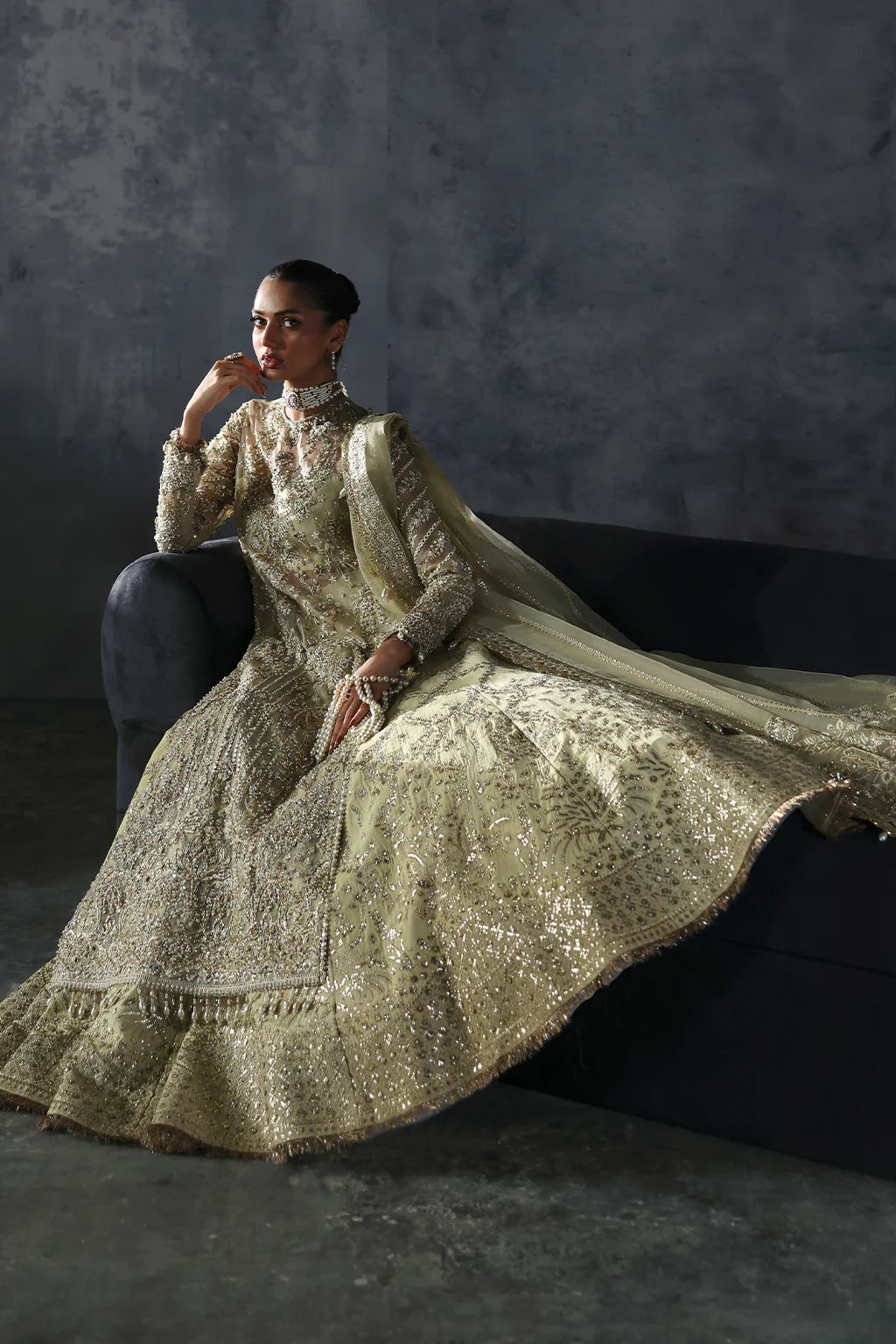 Orazio – Embroidered organza shirt with tilla, sequins, pearls, embellished lehenga, and panni-work organza dupatta.