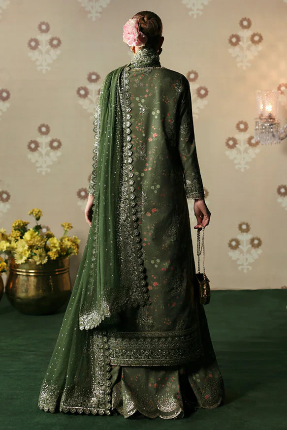 Zeba – Printed silk panel shirt with floral embroidery, digital print trousers, and chiffon dupatta with an embroidered border.