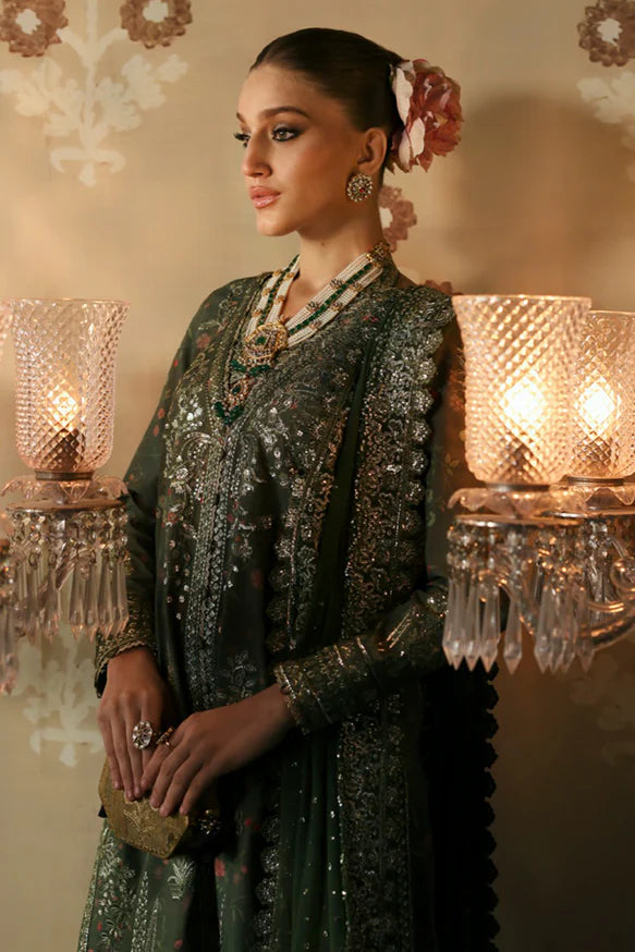 Zeba – Printed silk panel shirt with floral embroidery, digital print trousers, and chiffon dupatta with an embroidered border.