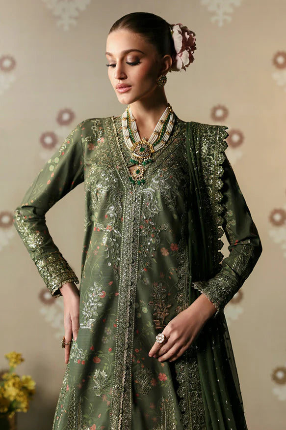 Zeba – Printed silk panel shirt with floral embroidery, digital print trousers, and chiffon dupatta with an embroidered border.