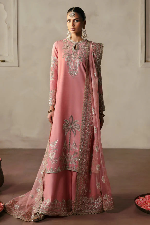 Gulrukh – Powder pink raw silk outfit with floral embroidery, golden panni, copper tilla, and embroidered dupatta.