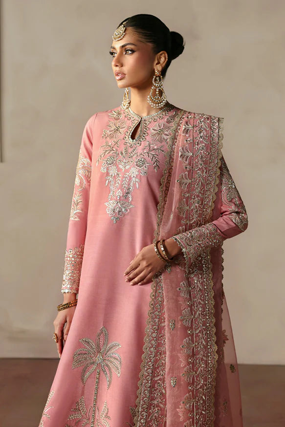 Gulrukh – Powder pink raw silk outfit with floral embroidery, golden panni, copper tilla, and embroidered dupatta.