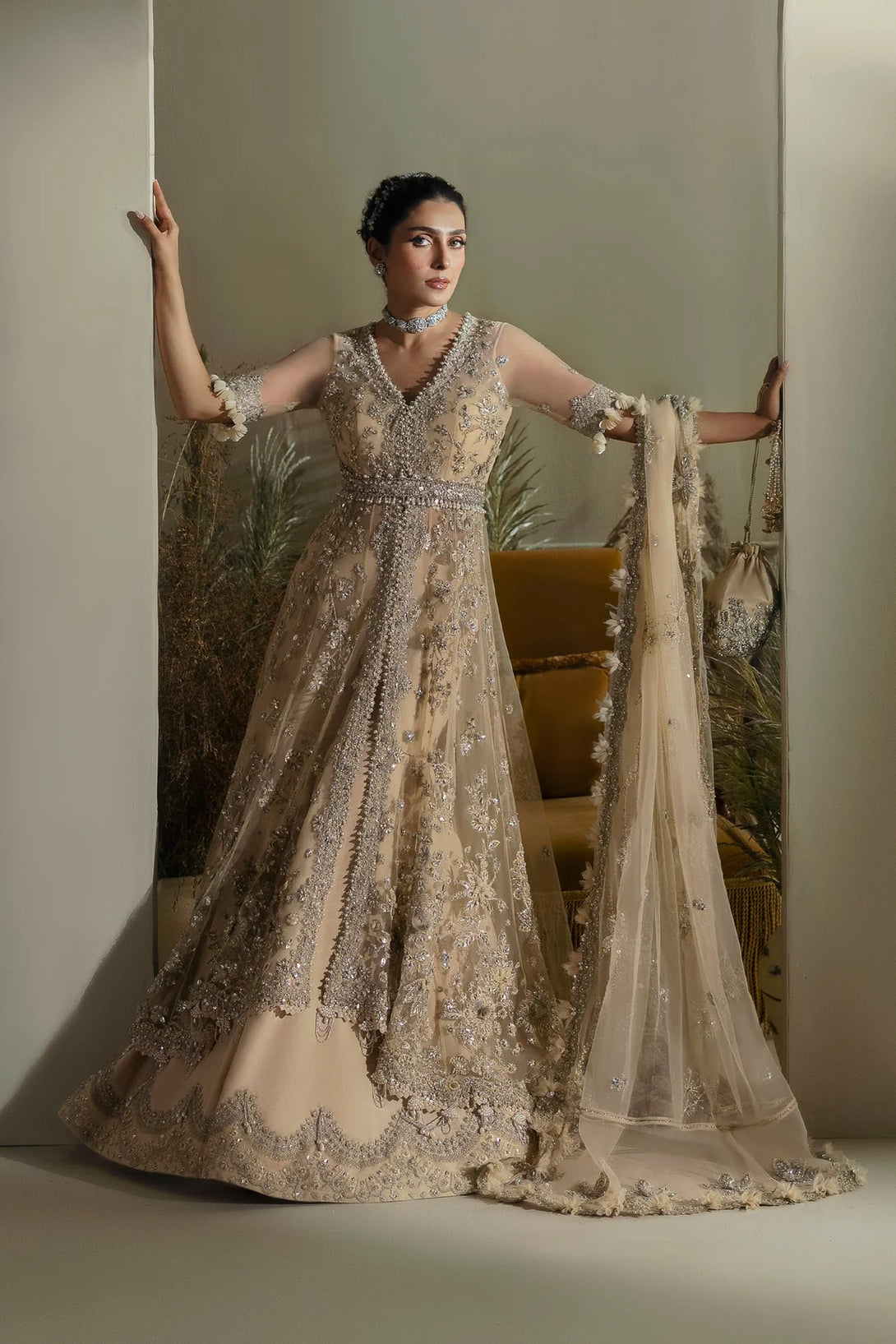 "Buy Pearl of Tranquility online – a luxury embroidered wedding dress by Élan, adorned with Swarovski crystals, seed pearls, and an ethereal net dupatta."

