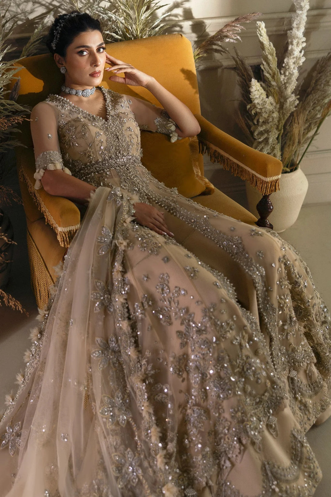 "Buy Pearl of Tranquility online – a luxury embroidered wedding dress by Élan, adorned with Swarovski crystals, seed pearls, and an ethereal net dupatta."

