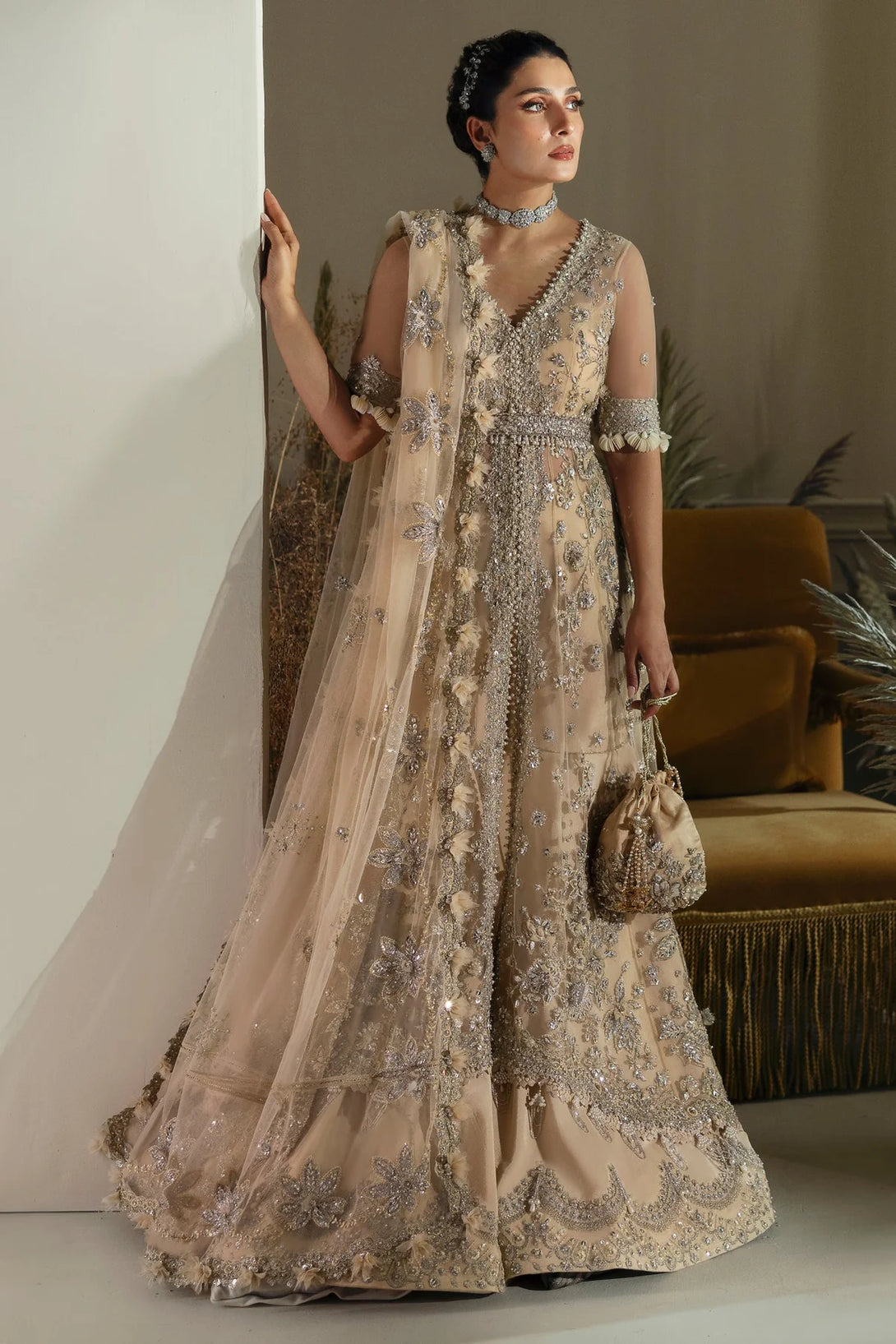 "Buy Pearl of Tranquility online – a luxury embroidered wedding dress by Élan, adorned with Swarovski crystals, seed pearls, and an ethereal net dupatta."

