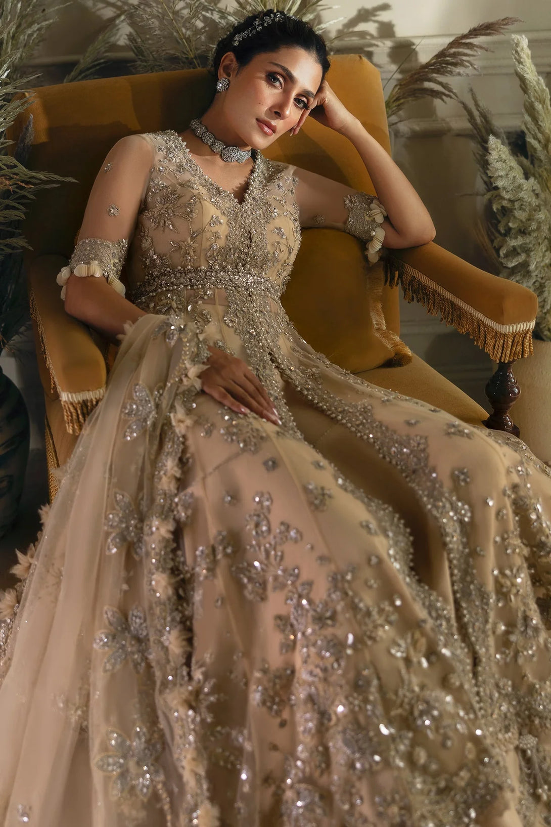 "Buy Pearl of Tranquility online – a luxury embroidered wedding dress by Élan, adorned with Swarovski crystals, seed pearls, and an ethereal net dupatta."

