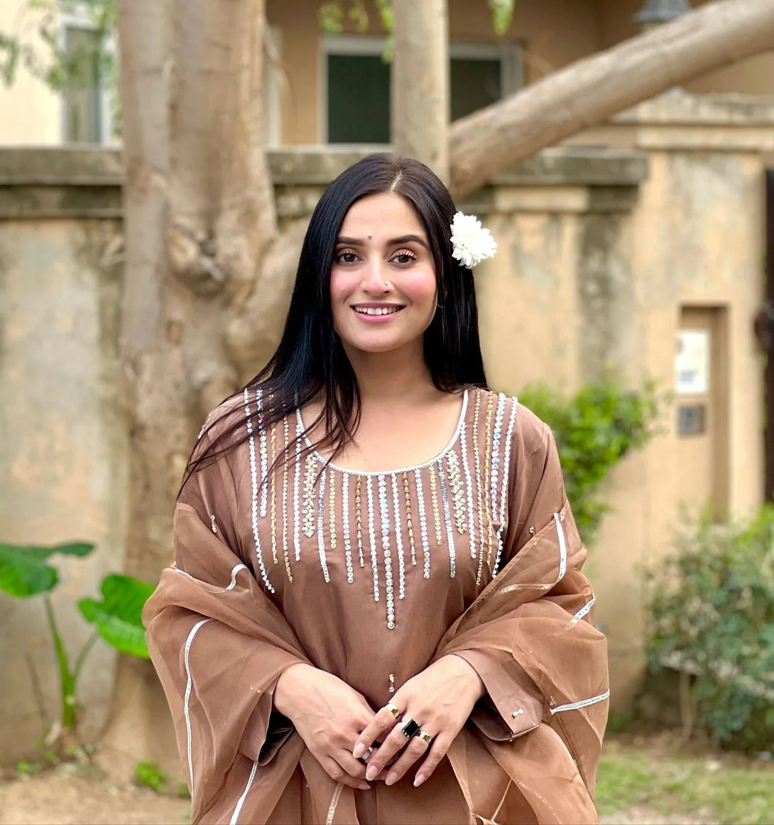 Anaya Dress neck with hande made work,Organza Duppta & Trouser - NEW NAMAL PRET