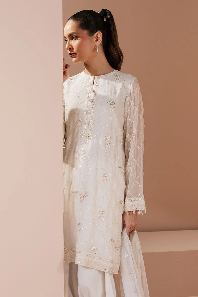 ANTIQUE WHITE - 4 PIECE EMBROIDERED CHIFFON SUIT - NEW NAMAL PRET