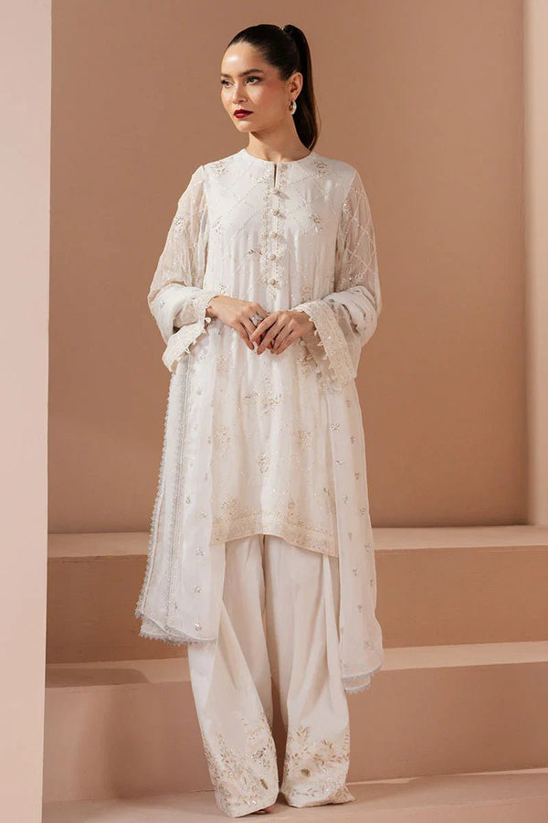 ANTIQUE WHITE - 4 PIECE EMBROIDERED CHIFFON SUIT - NEW NAMAL PRET