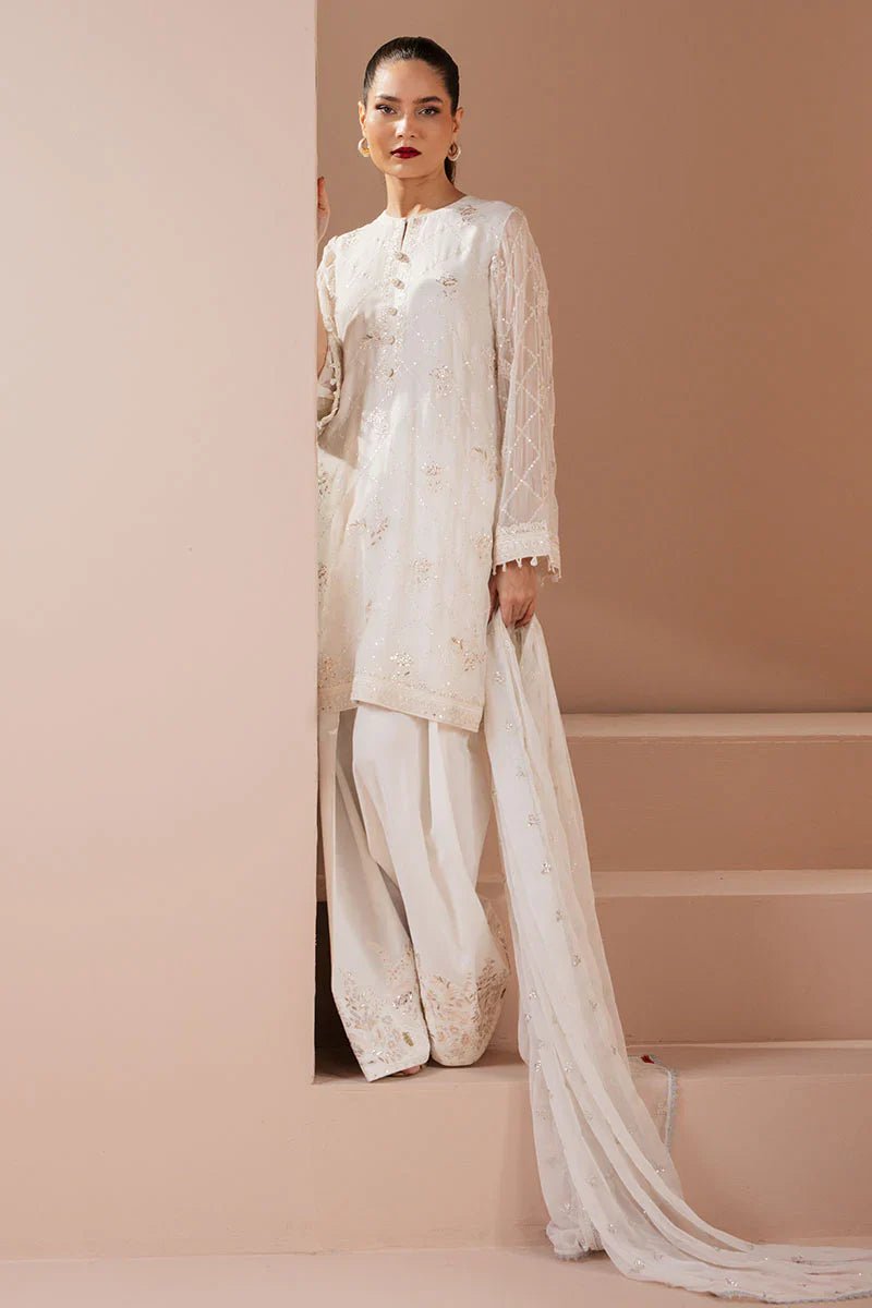 ANTIQUE WHITE - 4 PIECE EMBROIDERED CHIFFON SUIT - NEW NAMAL PRET