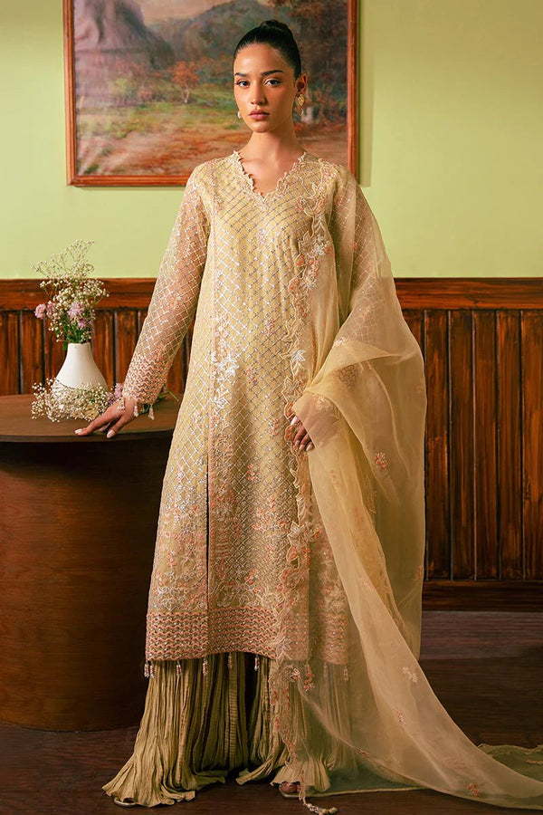 CANARY BUTTER - 4 PIECE EMBROIDERED ORGANZA SUIT - NEW NAMAL PRET