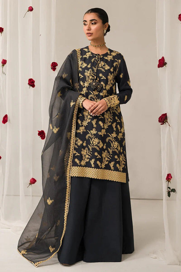 CHARCOAL TINT - 3 PIECE EMBROIDERED SILK SUIT - NEW NAMAL PRET