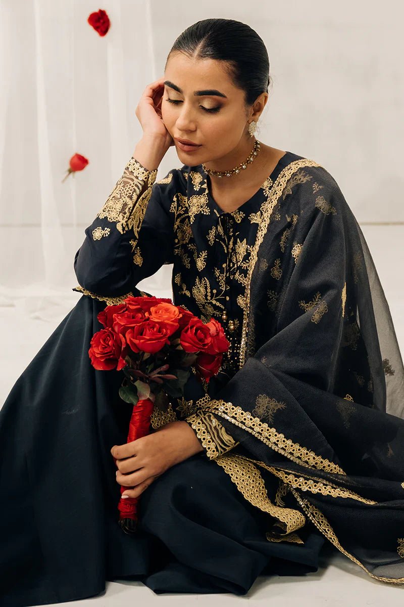 CHARCOAL TINT - 3 PIECE EMBROIDERED SILK SUIT - NEW NAMAL PRET