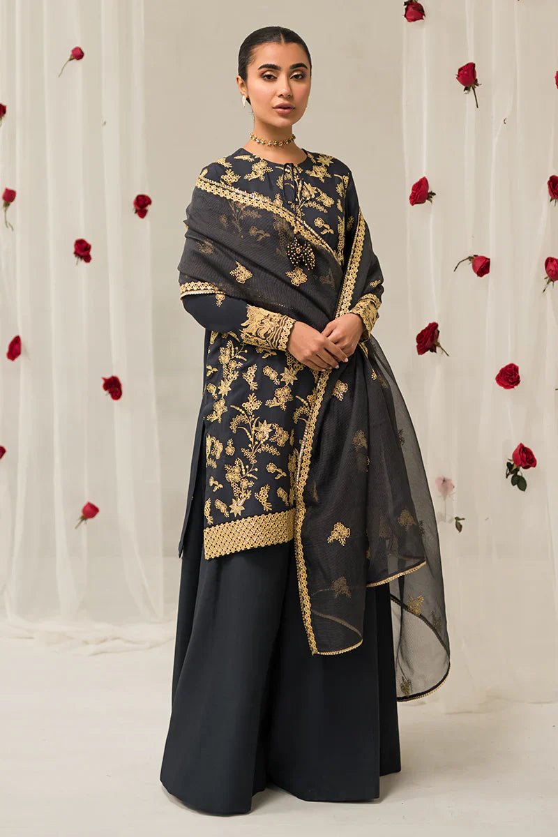 CHARCOAL TINT - 3 PIECE EMBROIDERED SILK SUIT - NEW NAMAL PRET