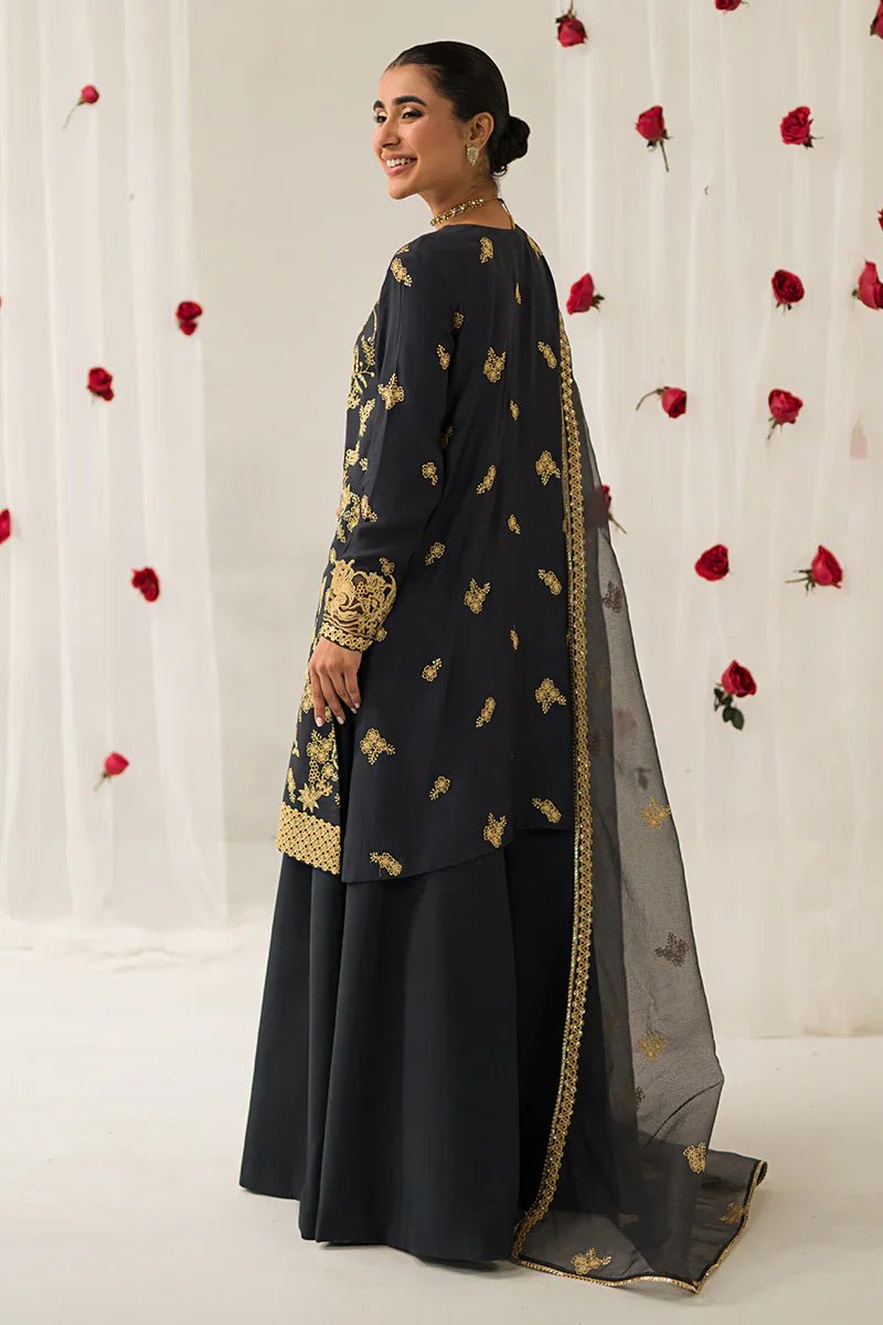 CHARCOAL TINT - 3 PIECE EMBROIDERED SILK SUIT - NEW NAMAL PRET