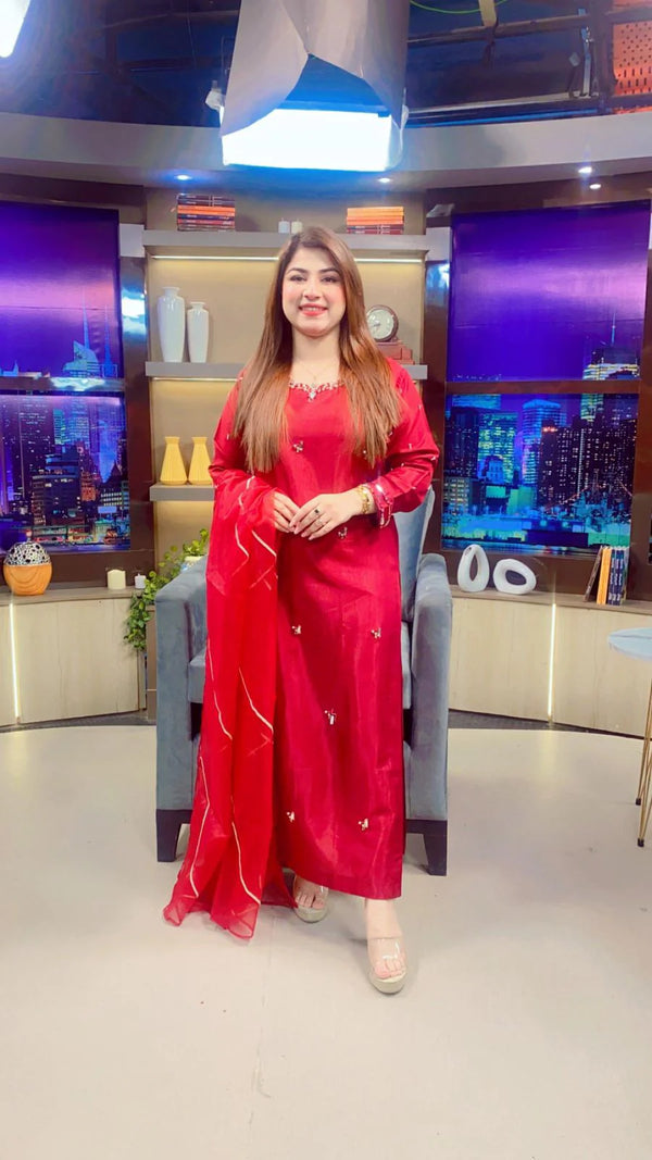 Red Rose Dress with Organza duppata