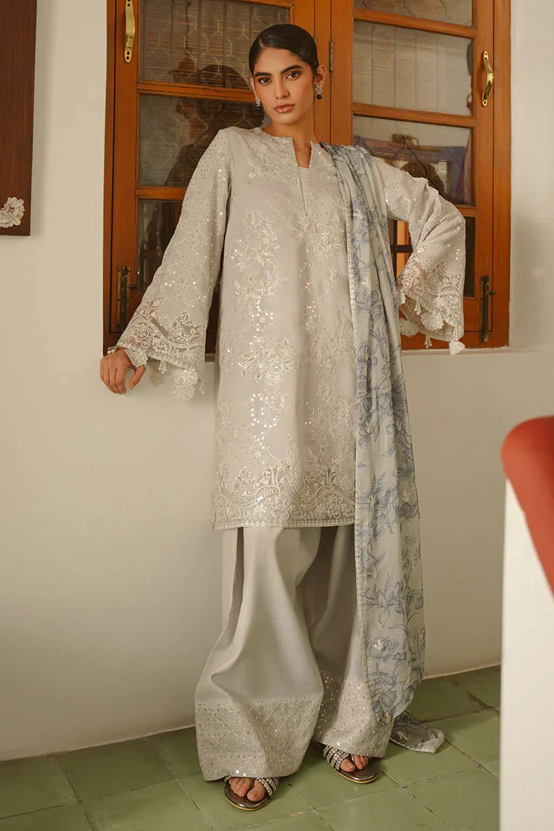GRAY DAWN - 3 PIECE EMBROIDERED SILK SUIT - NEW NAMAL PRET