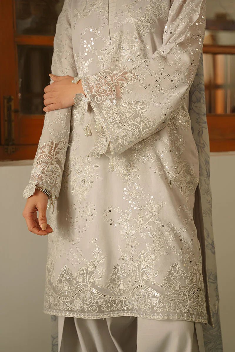 GRAY DAWN - 3 PIECE EMBROIDERED SILK SUIT - NEW NAMAL PRET