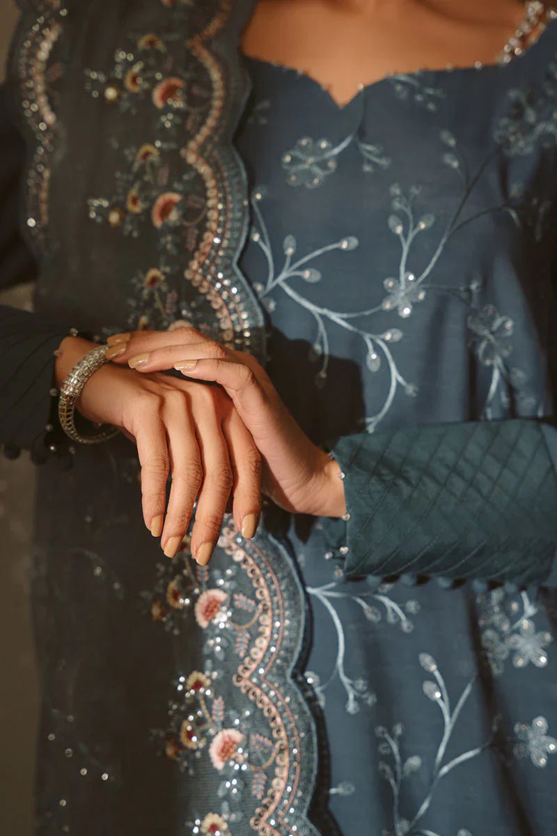 MAJESTIC TEAL - 3 PIECE EMBROIDERED SILK SUIT - NEW NAMAL PRET