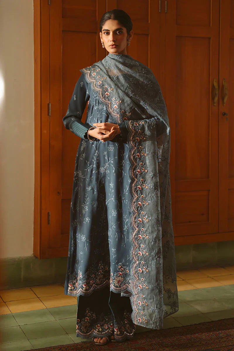 MAJESTIC TEAL - 3 PIECE EMBROIDERED SILK SUIT - NEW NAMAL PRET