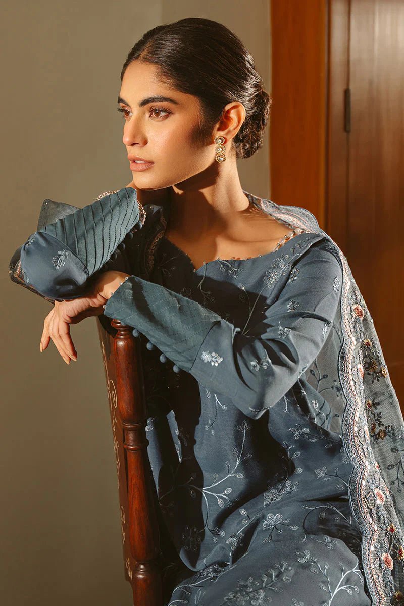 MAJESTIC TEAL - 3 PIECE EMBROIDERED SILK SUIT - NEW NAMAL PRET