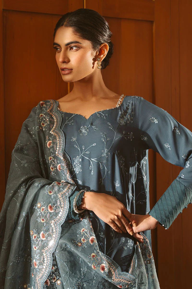MAJESTIC TEAL - 3 PIECE EMBROIDERED SILK SUIT - NEW NAMAL PRET