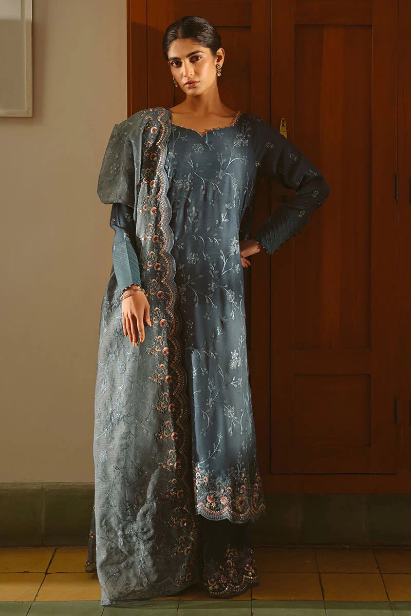 MAJESTIC TEAL - 3 PIECE EMBROIDERED SILK SUIT - NEW NAMAL PRET