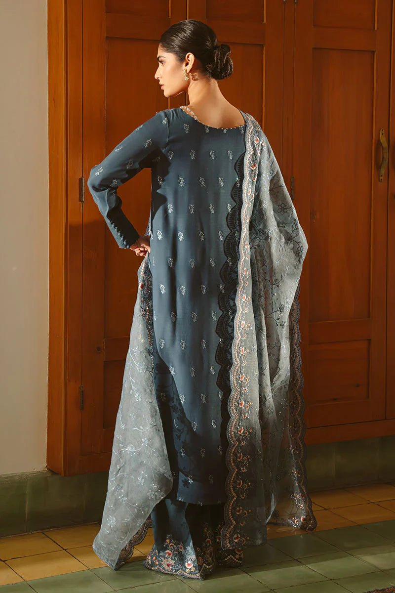MAJESTIC TEAL - 3 PIECE EMBROIDERED SILK SUIT - NEW NAMAL PRET