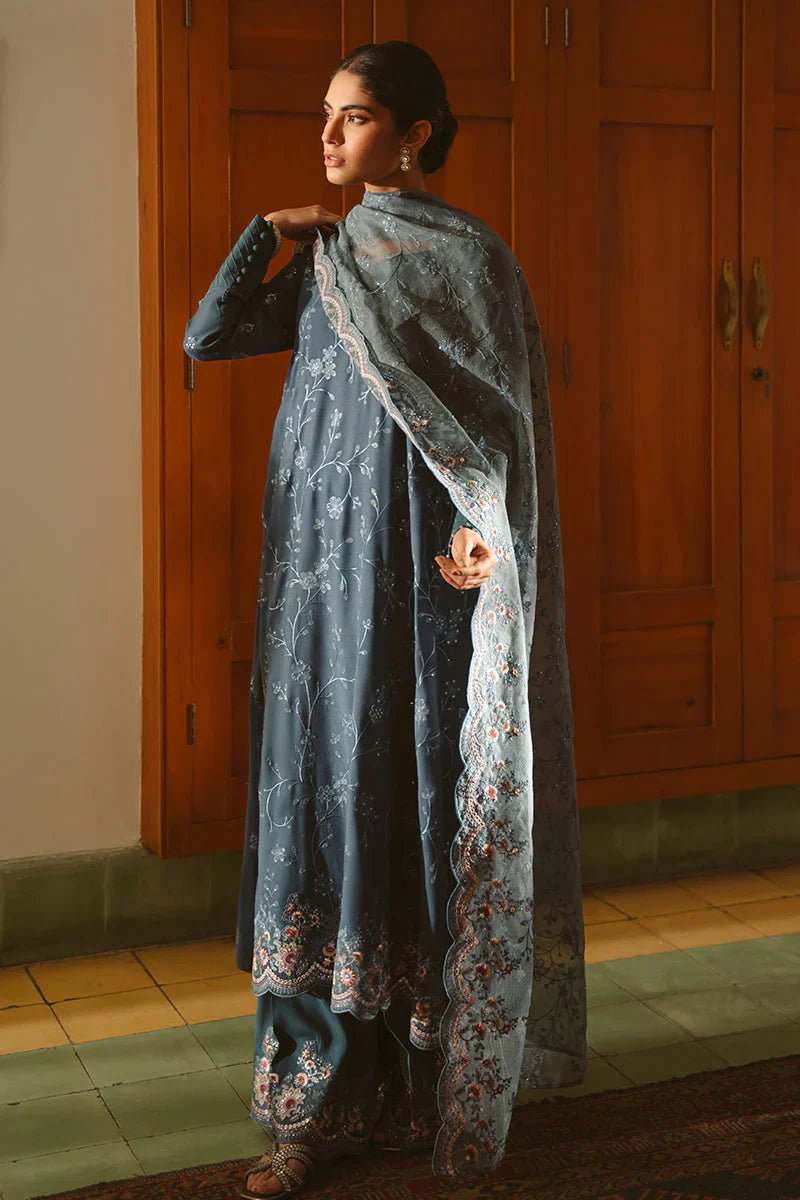 MAJESTIC TEAL - 3 PIECE EMBROIDERED SILK SUIT - NEW NAMAL PRET