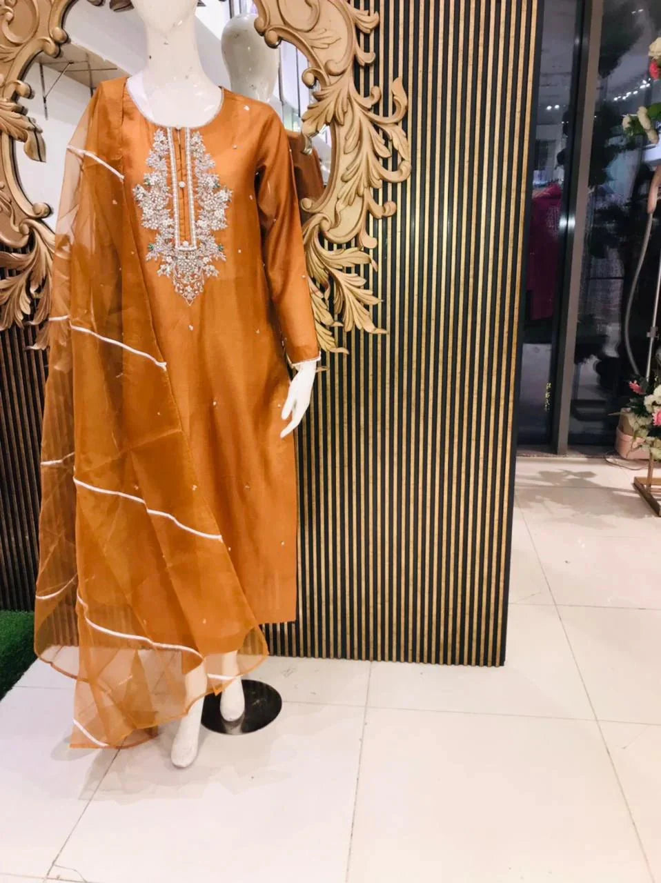 PINE EMBORIDERY SUIT WITH ORGANZA DUPPTA&TROUSER - NEW NAMAL PRET
