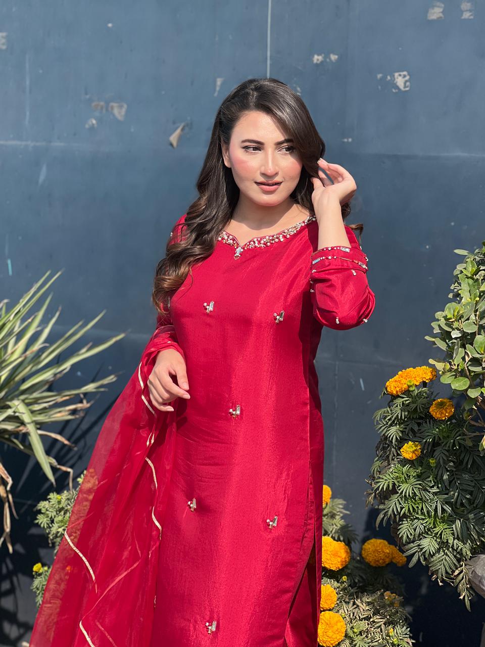 Red Rose Dress with Organza duppata - NEW NAMAL PRET