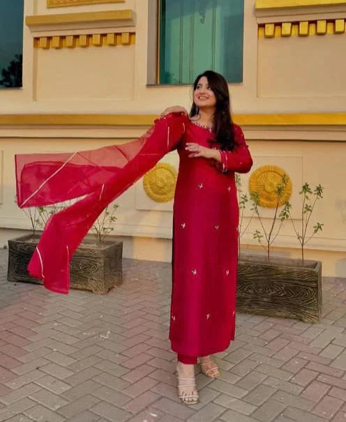 Red Rose Dress with Organza duppata - NEW NAMAL PRET