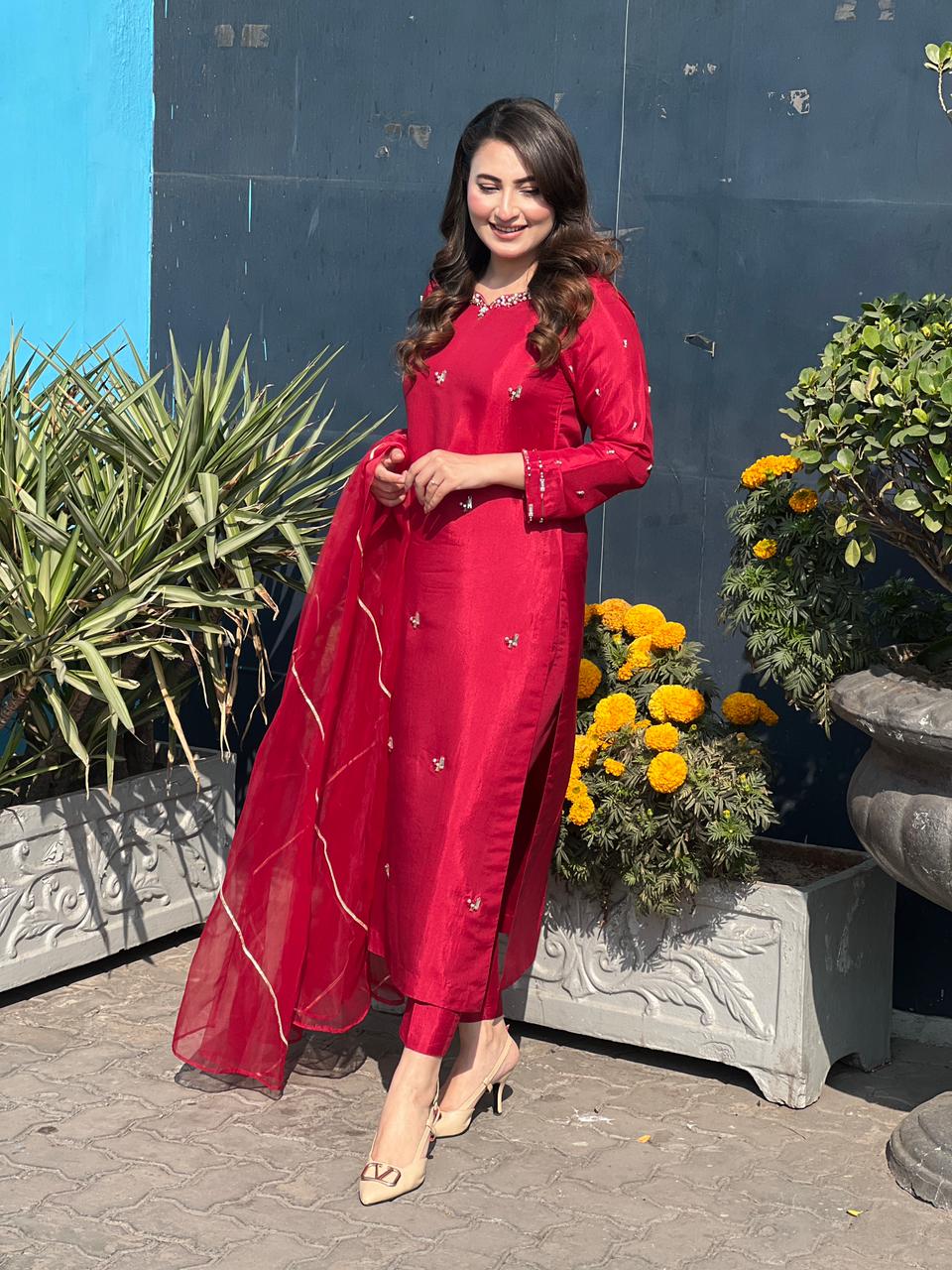Red Rose Dress with Organza duppata - NEW NAMAL PRET