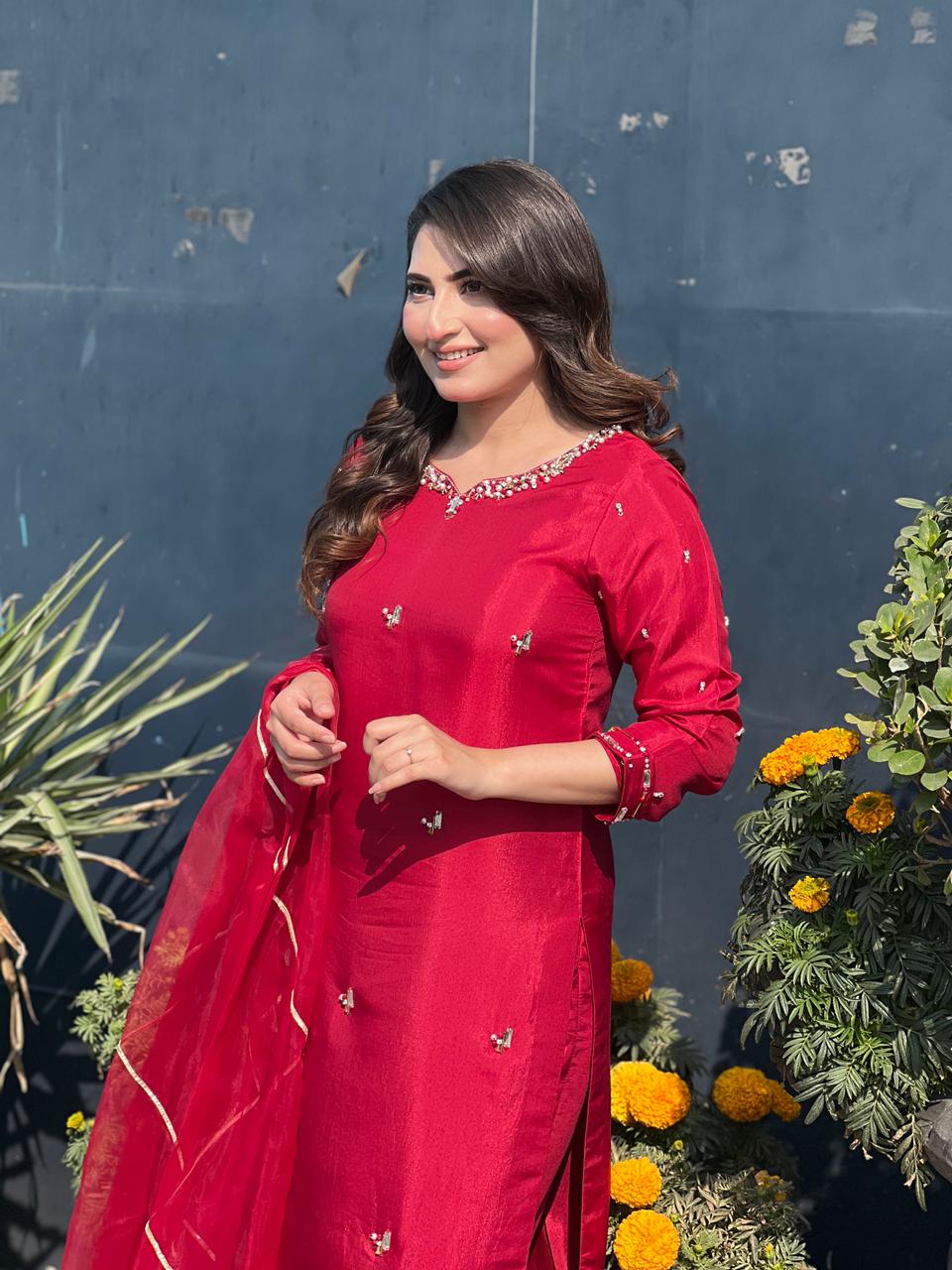 Red Rose Dress with Organza duppata - NEW NAMAL PRET