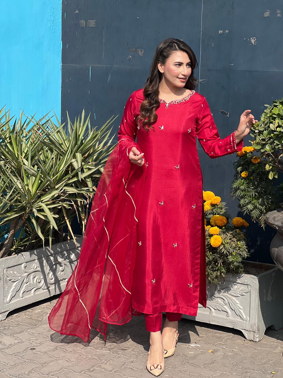 Red Rose Dress with Organza duppata - NEW NAMAL PRET